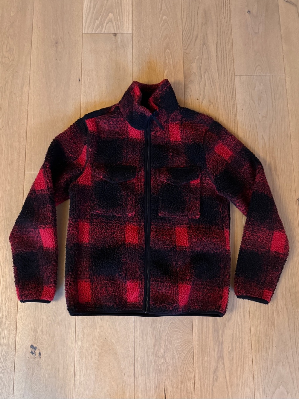 Men's Topman Red & Black Plaid Sherpa Zip Jacket (S)